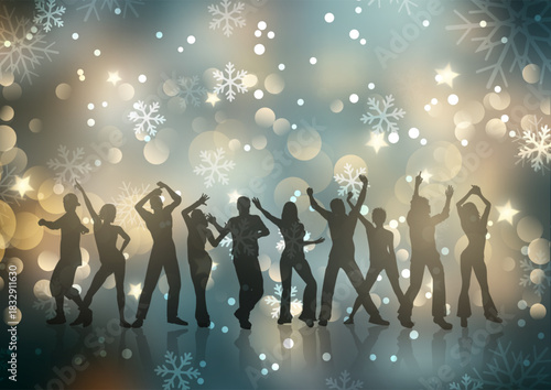 Silhouettes of people dancing on a Christmas snowflake background