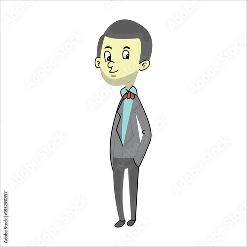 Full-body vector illustration of a groom standing with a shy or neutral expression, wearing a grey suit and red bow tie