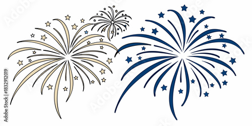 Vector illustration of festive fireworks exploding on white background, perfect for New Year’s Eve and Christmas holiday greeting designs.