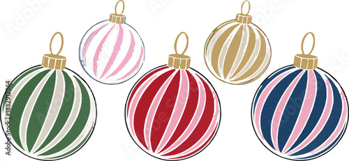 Collection of hanging Christmas balls, elegant holiday ornaments vector ideal for New Year celebrations, banners, and festive decoration projects.