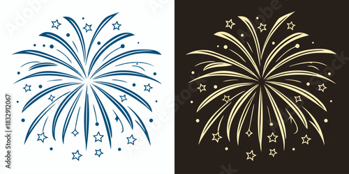 Festive fireworks display in vector style, black and white background, ideal for holiday greetings, New Year, and Christmas projects.
