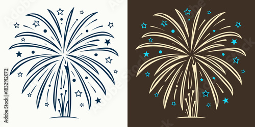 Black and white fireworks vector, celebratory explosion design for Christmas, New Year’s Eve, and festive seasonal graphics.