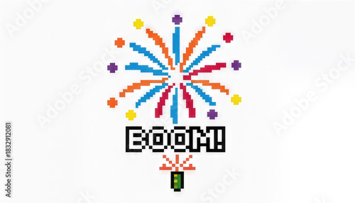 A pixel firework burst colorful confetti sparkler celebration boom word art festive retro 8 bit graphic white background joy playful party vibe