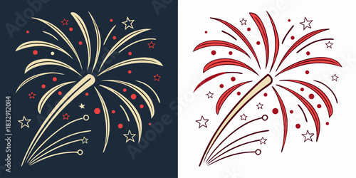 Vector illustration of festive fireworks exploding on black and white background, perfect for New Year’s Eve and Christmas holiday designs.