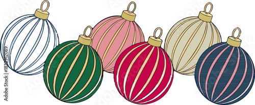 Vector set of Christmas balls, hanging ornaments for New Year’s holiday, shiny festive decorations perfect for greeting cards and seasonal designs.