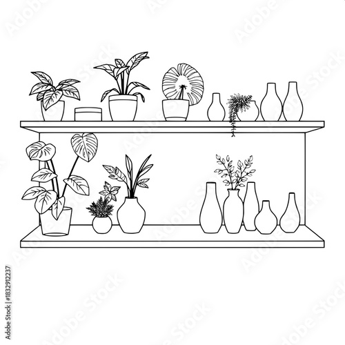 Clean symmetrical black-line drawing of a modern shelf with crisp lines and geometric shapes filled with various greenery such as monstera leaves and ferns and interior décor items like ceramic vases 