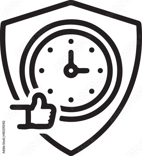Silhouette of a shield containing a clock with a thumbs up icon symbolizing time management and approval isolated on transparent background