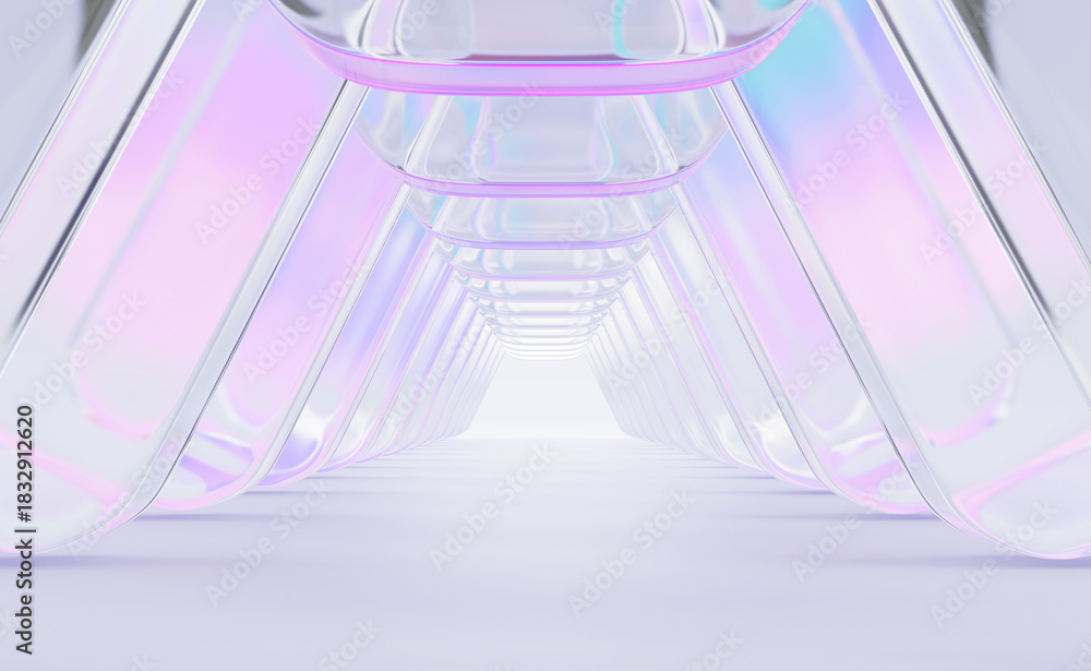 Fototapeta premium Abstract glass architecture 3d background. Pastel light corridor with transparent columns, pink blue purple holographic gradient. Hallway room interior, futuristic tunnel perspective. 3D illustration