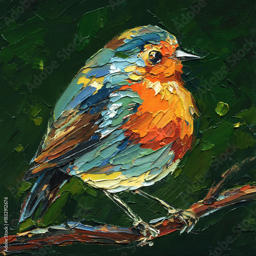 Fotografie Colorful robin bird impasto oil palette knife painting on deep green forest back