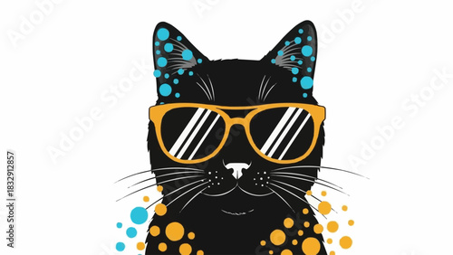 Cool Black Cat Wearing Stylish Sunglasses and Colorful Dots.