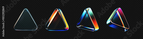 Realistic 3D glass triangle icons set with neon gradient, holographic prism effect and liquid glass texture. Futuristic geometric object for digital design, media interface, music and tech background