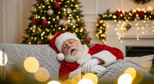Santa sleeping on sofa in cozy decorated room