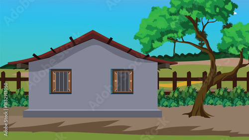 Traditional Indian Village Single Story Home with Tiled Roof Barred Windows Green Trees Wooden Fence and Open Courtyard Under Blue Sky