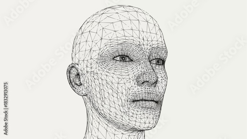 Three dimensional wireframe model of a human head.