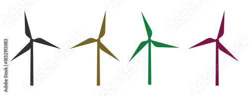 Wind Turbine Silhouette Icon Set, Different Color Options for Sustainable Energy Graphic