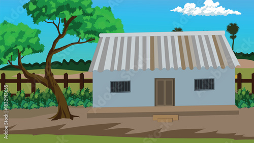 Traditional Tin Roof Village House in Indian Countryside with Large Shade Tree Wooden Fence and Open Dirt Courtyard Under Bright Blue Sky