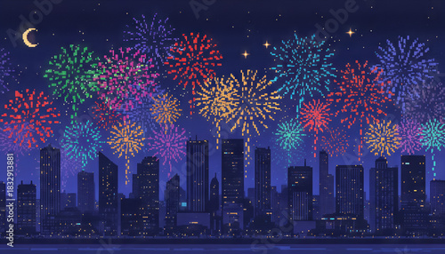 A fireworks night city skyline celebration festival colorful neon pixel art urban crescent moon glows above colorful fireworks over night city skyline, festive mood sparkles across urban towers