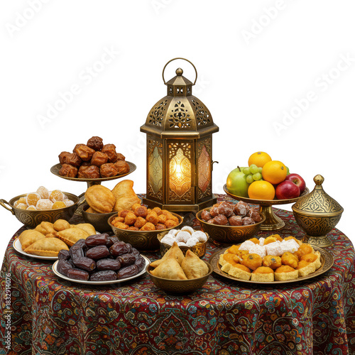 Ramadan iftar feast with dates fruits and lantern isolated on transparent background