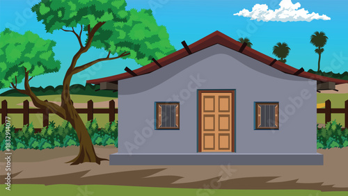 Peaceful Indian Countryside Village Home with Curved Tiled Roof Barred Windows Large Shade Tree and Open Earthen Yard Under Bright Blue Sky