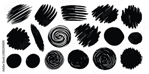 Black brush strokes and shapes collection on white background for design resources art work
