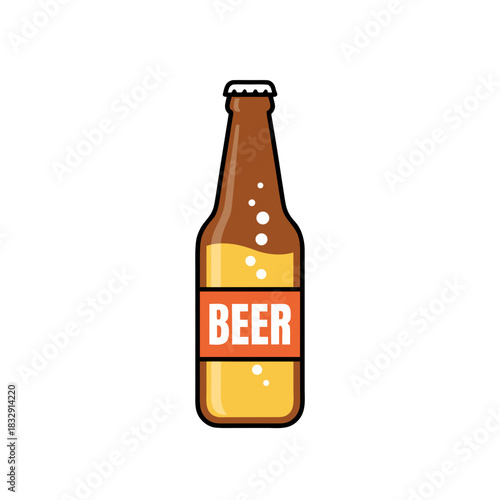 A Tall Brown Beer Bottle with Overflowing Golden Foam and White Bubbles Against a Black Background in a Flat Vector Art Sticker Style