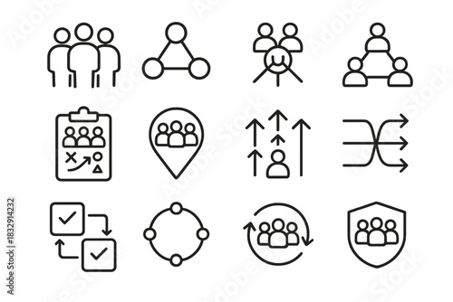 Team Coordination Icons. Team Coordination Models Collection linear icon set: group icons, linked circles, planning sheet, team map, guided arrows, shared tasks, alignment points