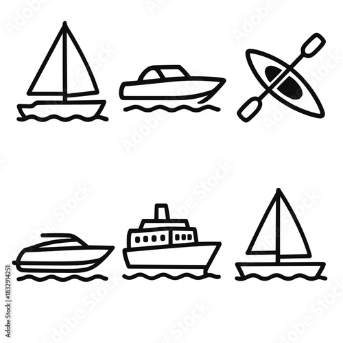 Vessel Icon Collection. Vessel Types linear icon set. sailboat, motorboat, kayak, yacht, ferry, catamaran