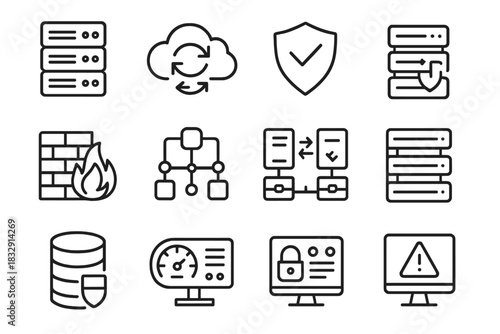 Data Security Icons. Fault Tolerance linear icon set. server rack, cloud icon, data replication, shield symbol, firewall grid, network hub, secure connection, redundant servers