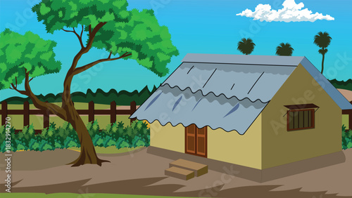 Quiet Indian Countryside Mud House with Sloped Tin Roof Front Steps Shady Tree Green Bushes and Open Rural Yard Under Clear Blue Sky