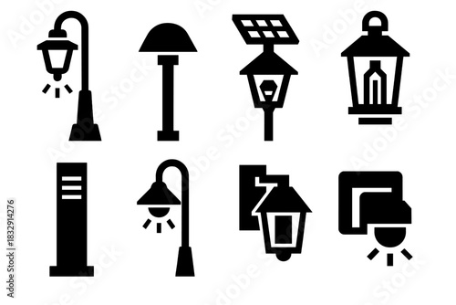 Brutalist Outdoor Lighting Icons. Outdoor Lighting silhouette icon set. street lamp, garden light, solar lamp, lantern, bollard light, pathway light, wall lamp, motion sensor.