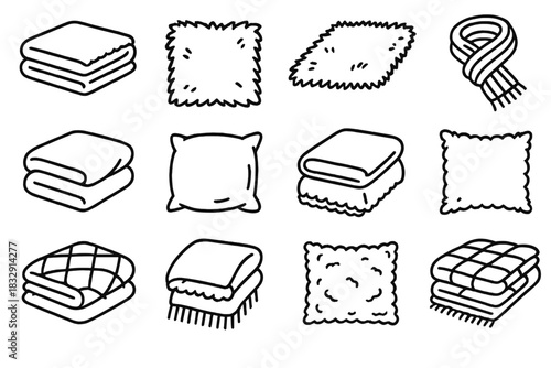 Comfort Icons Collection. Layered Coziness linear icon set : folded blanket, fuzzy cushion, soft rug, knitted scarf, velvet throw, wool pillow, fur trim, fleece edge, cotton sheet