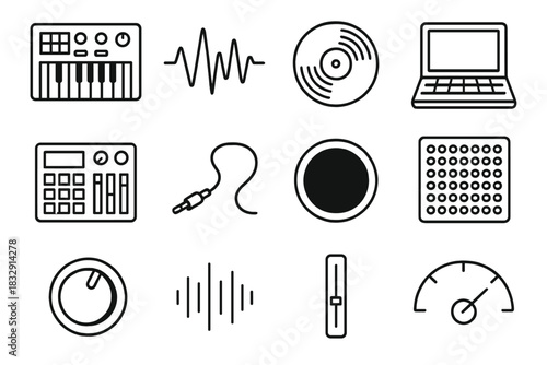 Electronic Music Icons. Electronic music scene linear icon set: synthesizer, waveform, vinyl disc, laptop, controller pad, plug cable, glowing ring, LED grid, knob, beat pulse