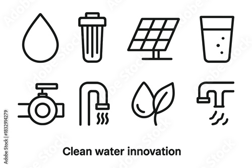 Water Filtration Icons. Clean Water Innovation linear icon set. droplet, filtration cartridge, solar collector, glass, pump, pipe, leaf, water flow