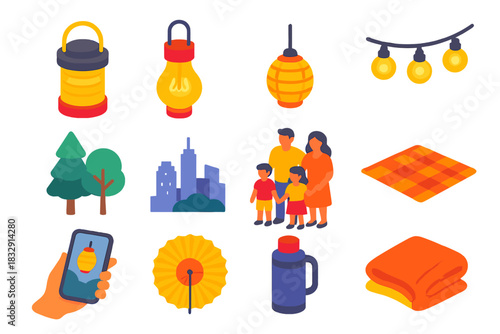 Modern Lantern Icons. Modern Lantern Celebration flat icons set. LED lantern, glass bulb, hanging wire, string lights, park trees, city skyline, family gathering, picnic mat