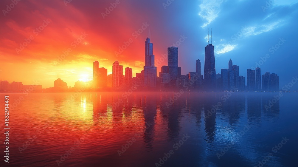 Obraz premium A stunning futuristic cityscape featuring towering skyscrapers mirroring vibrant colors and dynamic lighting effects in calm water during sunrise or sunset.