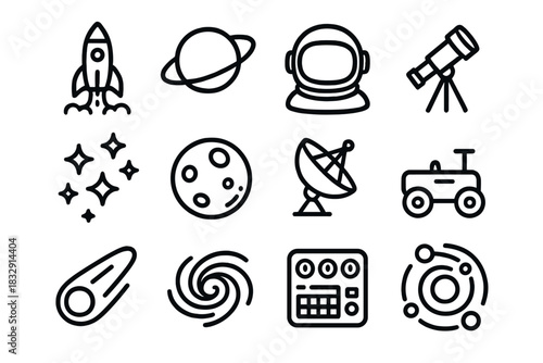 Space Exploration Icons. Cosmic Discovery linear icon set: rocket launch, orbit line, astronaut helmet, telescope, star cluster, alien planet, satellite dish, lunar rover, meteor