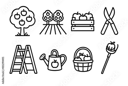 Apple Orchard Icons. Apple farming linear icon set: apple tree, orchard row, apple crate, pruning shears, ladder, watering can, harvest basket, fruit picker tool