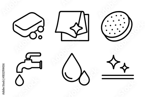 Eco-Friendly Cleaning Icons. Eco-Safe Surface Cleaning linear icon set: mild soap bar, fabric-friendly wipe, soft polish pad, water-saving rinse, residue-free droplet, surface
