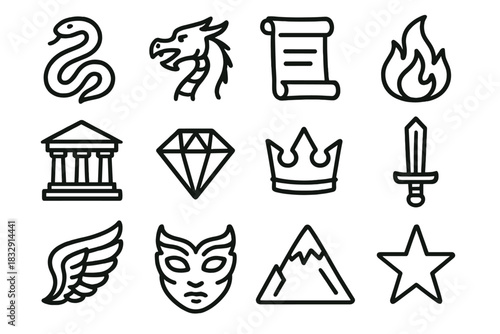 Ancient Mythical Icons. Ancient Legends linear icon set. serpent, dragon, scroll, flame, temple, gem, crown, sword, wing, mask, mountain, star