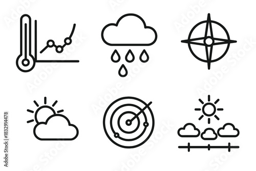 Weather Forecast Symbols. Weather Forecasting linear icon set: temperature graph, rain probability, wind direction, sun and clouds, radar map, forecast timeline