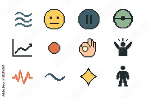 Emotional Regulation Icons. Emotional Regulation Set pixel style icon set: breath lines, mood tracker, pause circle, inner balance ring, resilience curve, awareness dot, mindful