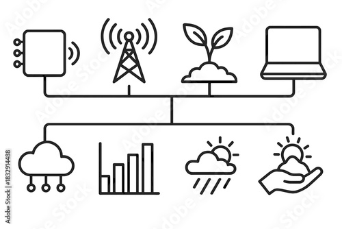 Connected Agriculture Icons. Connected Fields linear icon set: sensor node, wireless tower, plant, laptop, cloud network, bar graph, weather icon, hand holding soil