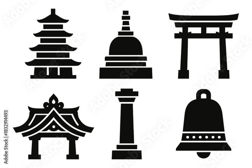 Brutalist Architectural Icons. Architectural Icons silhouette icon set. tiered pagoda, stupa, shrine gate, stone pillar, ornate roof, temple bell