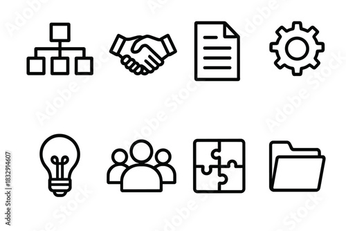 Organizational Icons Set. Organizational Foundations linear icon set: hierarchy chart, handshake, document, gear, light bulb, puzzle piece, people group, folder