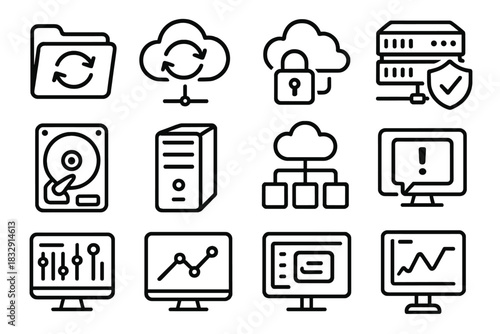 Data Sync Icons. File Sync linear icon set. folder icon, circular arrows, cloud server, data flow, secure connection, shield badge, storage drive, server tower, network hub, alert