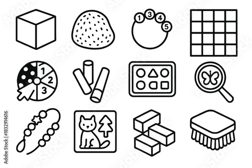 Educational Tools Icons. Hands-On Learning Tools linear icon set: learning cube, textured shape, number bead ring, color tile grid, playful spinner, creativity chalk