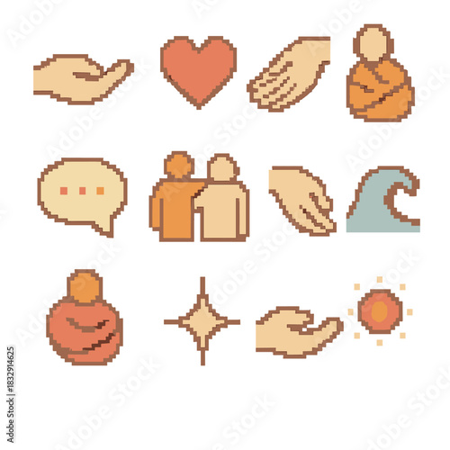 Care Comfort Icons. Care Comfort Icons pixel style icon set: nurturing hand, caring heart, soothing touch, comfort wrap icon, warm reassurance bubble, supportive presence, gentle