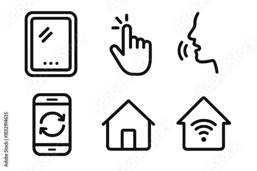 Smart Mirror Icons. Future Vanity linear icon set: smart mirror, glowing frame, gesture hand, voice icon, phone sync, home symbol