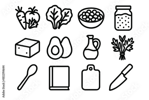 Plant-Based Kitchen Icons. Plant-Based Recipe Essentials linear icon set. fresh vegetables, leafy greens, legumes bowl, grains jar, tofu block, avocado, olive oil bottle, herbs