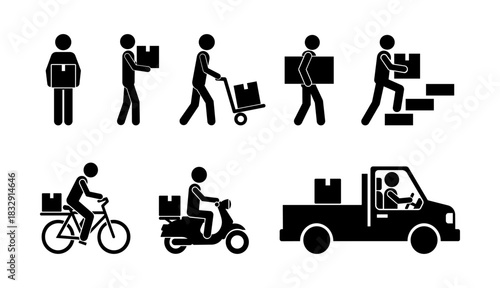 Delivery Worker Stickman Set – Courier, Shipping, Logistics, and Parcel Icons.